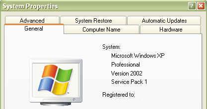System Properties indicates whether Service Pack 2 is installed